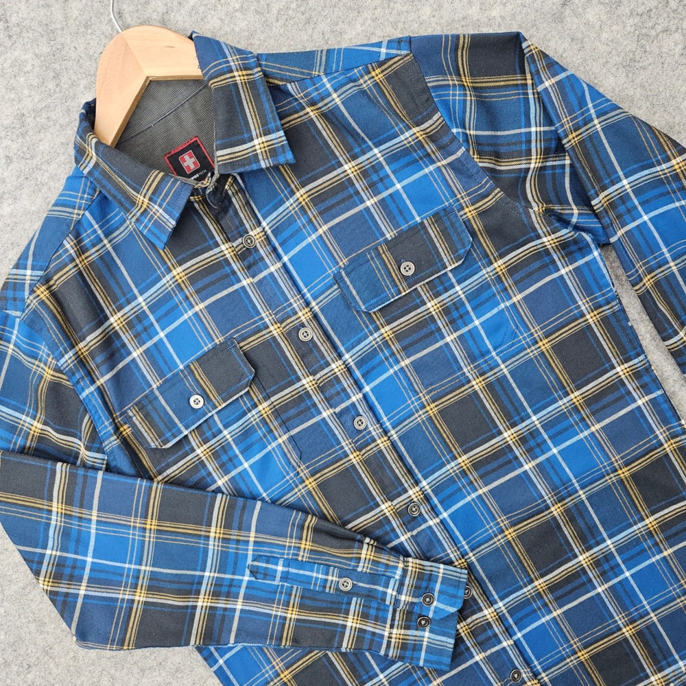 Swiss Tech Flannel Shirt Men's Small Blue Plaid Long Sleeve Button Down Utility